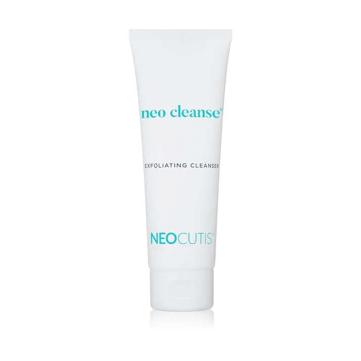 A white tube of Neo Cleanse exfoliating cleanser with blue and black text on the front.