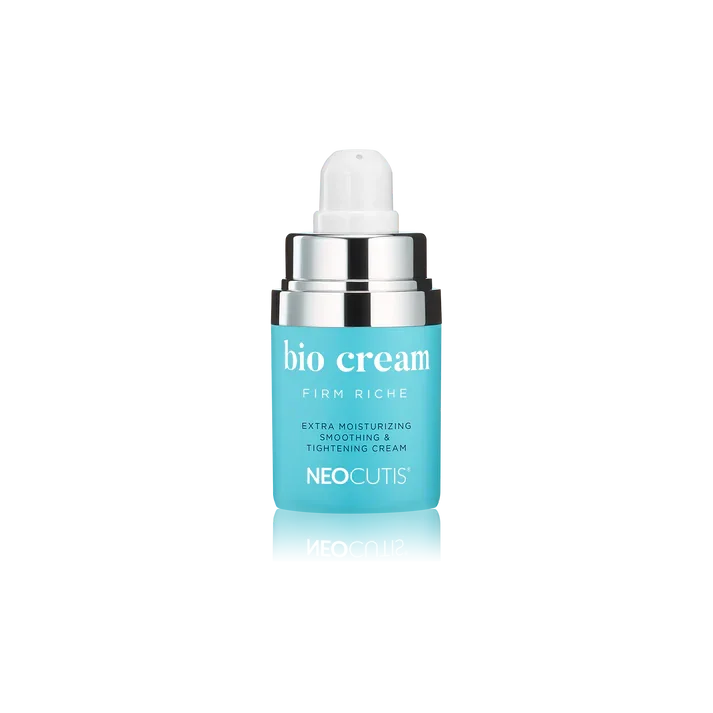 A blue skincare product bottle labeled 'bio cream' with silver accents, designed for moisturizing and tightening, from NEOCUTIS.