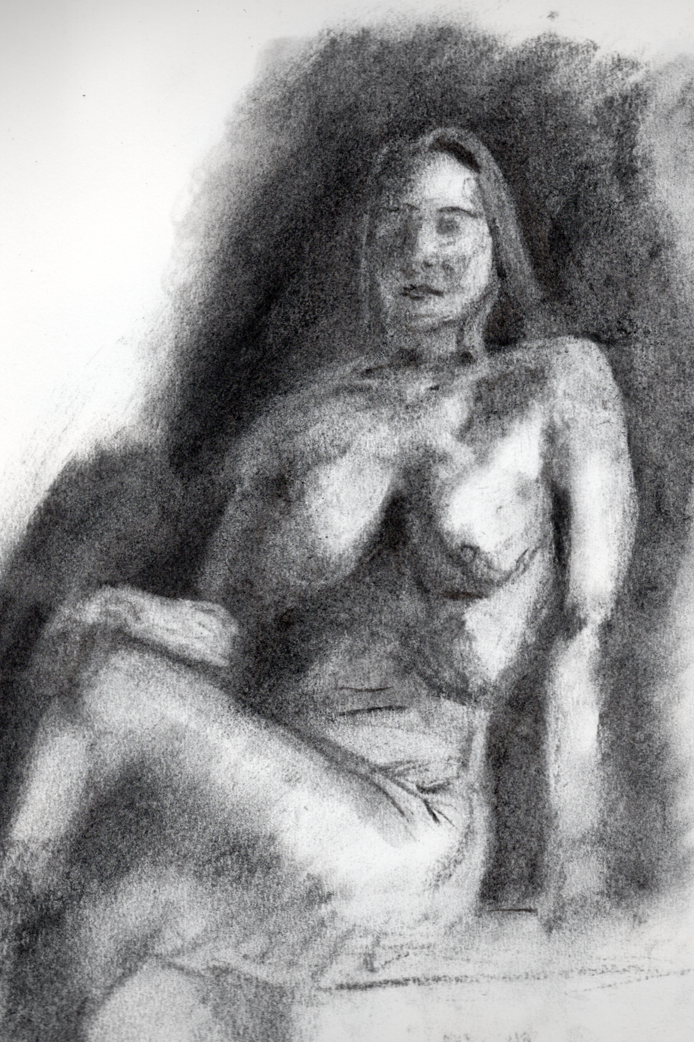 A black and white sketch of a woman with curly hair holding a stuffed animal and smiling.