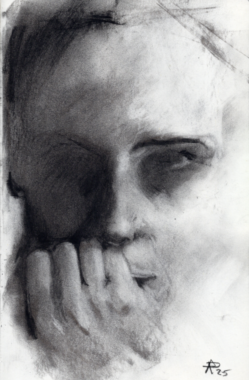 A charcoal sketch of a woman with her hand resting on her face. She has her eyes closed and appears to be deep in thought, with detailed shading on her face and hand.