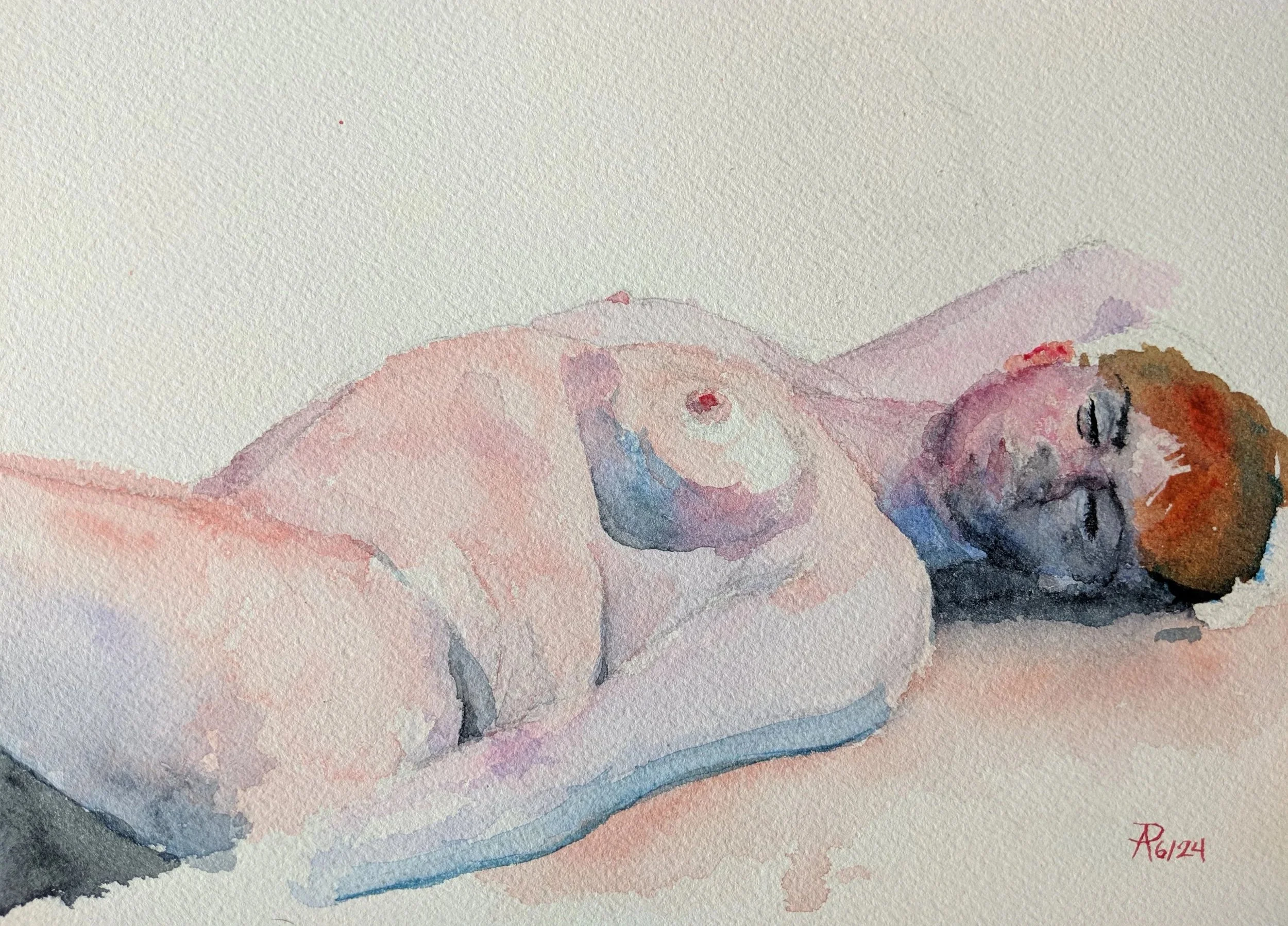 Watercolor painting of a nude woman lying on her side with eyes closed, one arm raised, and short hair, against a plain background.