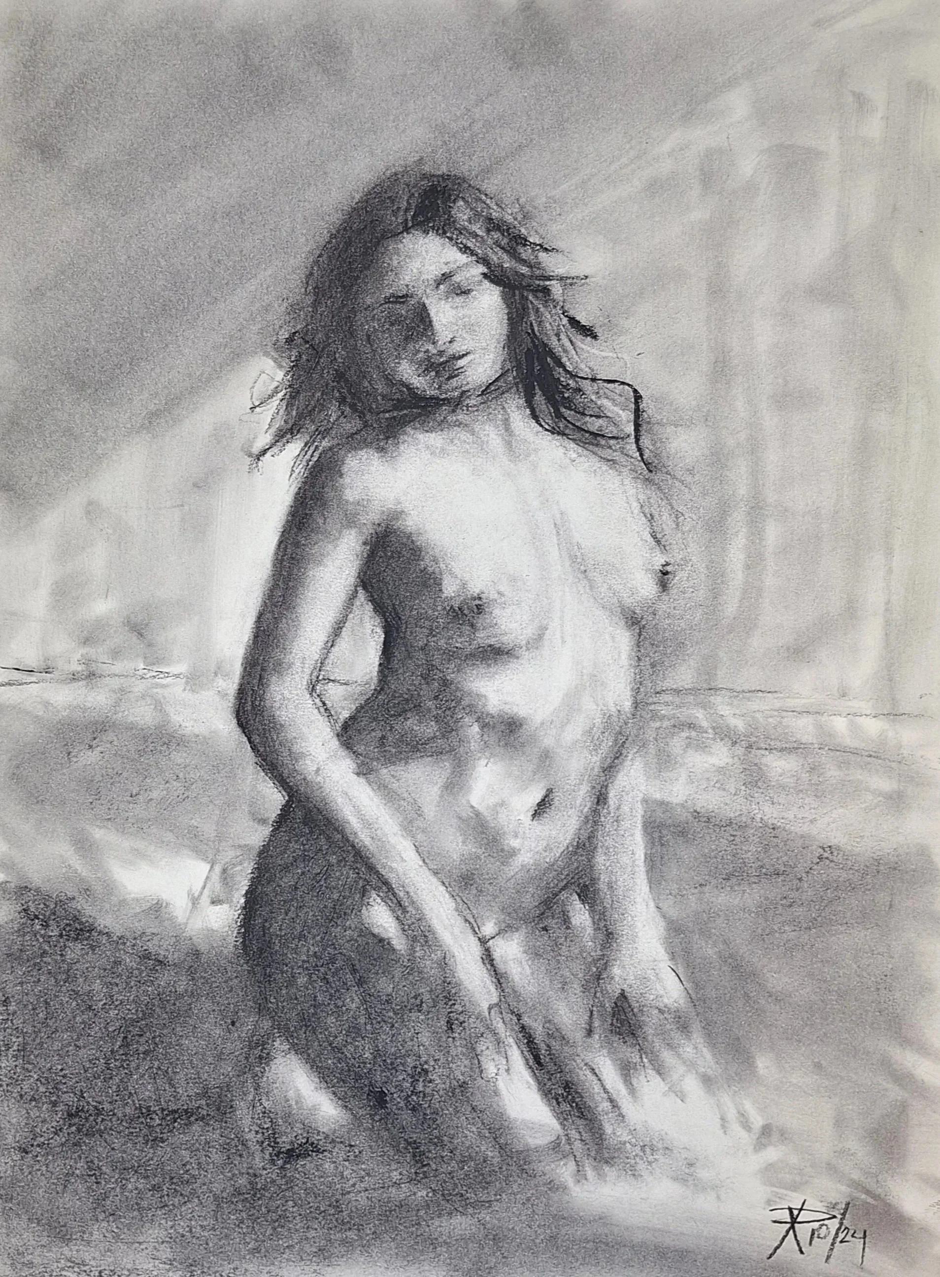 Black and white sketch of a nude woman kneeling, with hair flowing in the wind, facing slightly to the side.