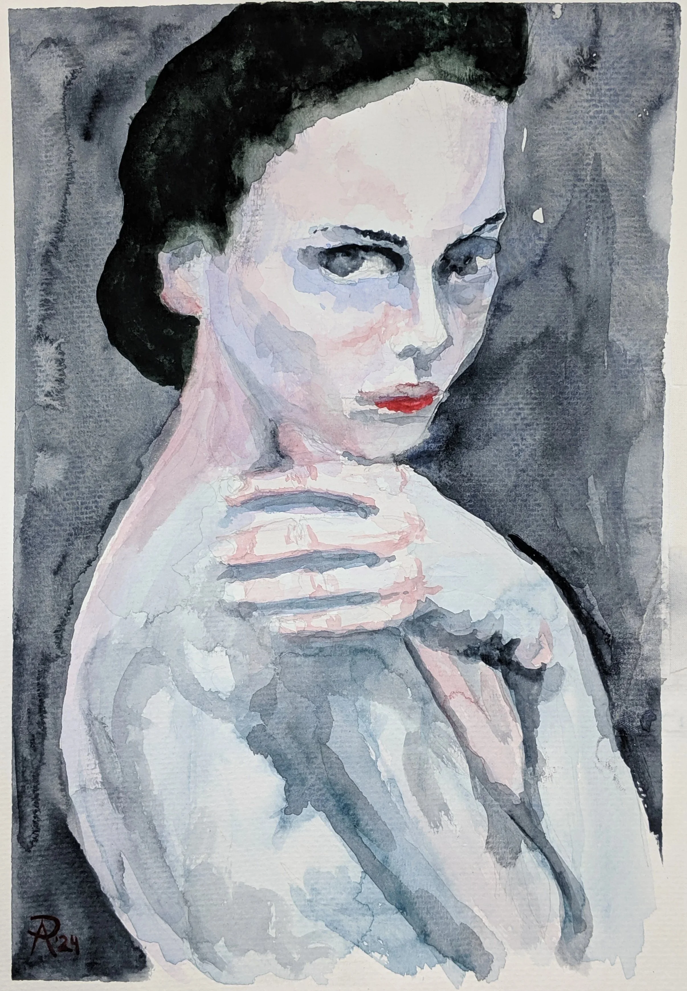 A watercolor portrait of a woman with dark hair, striking blue eyes, and red lipstick, holding her chin with her hand.