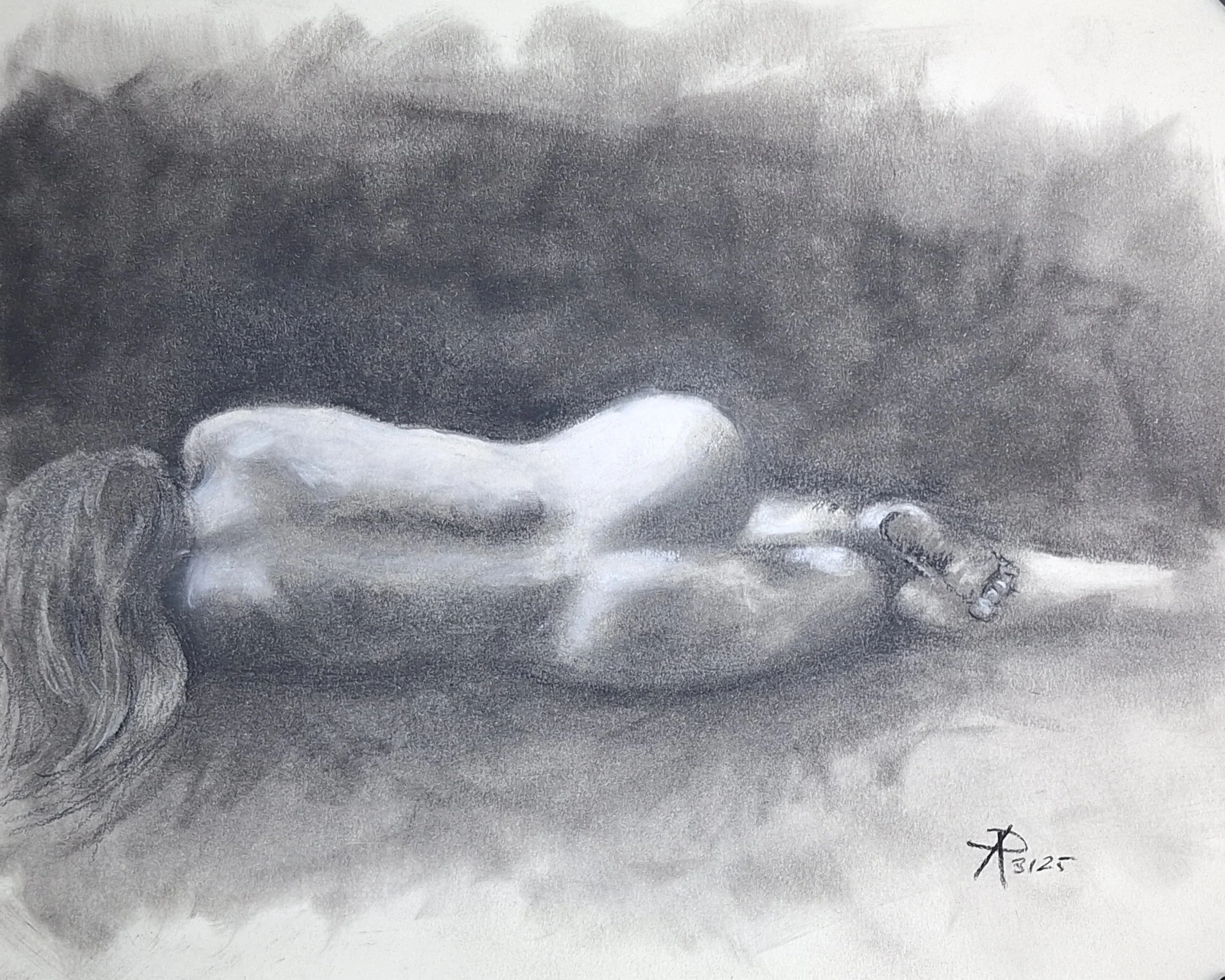 A realistic black and white pencil drawing of a nude woman with dark hair, seen from behind, standing with one foot raised and arms hanging by her sides.