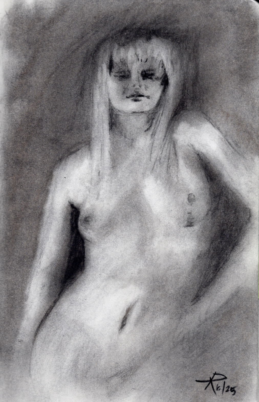 Black and white sketch of a nude woman with long hair, looking at the viewer, with light blonde hair and blunt bangs around her head.