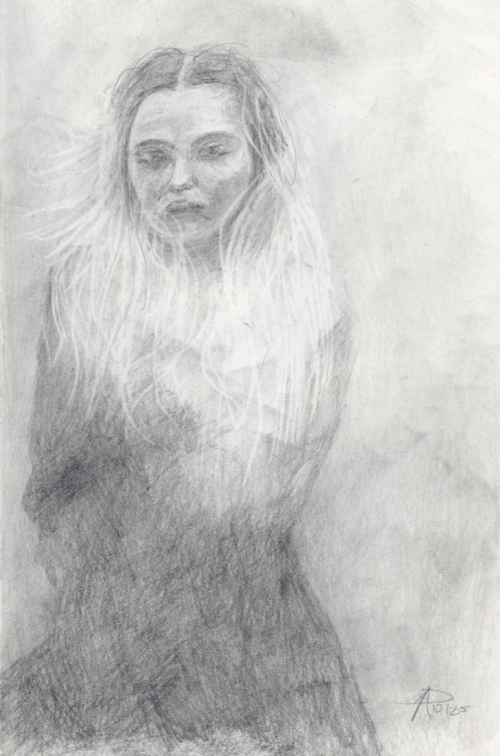 A charcoal sketch of a woman with long, wavy hair, looking slightly to the side with her arms crossed.