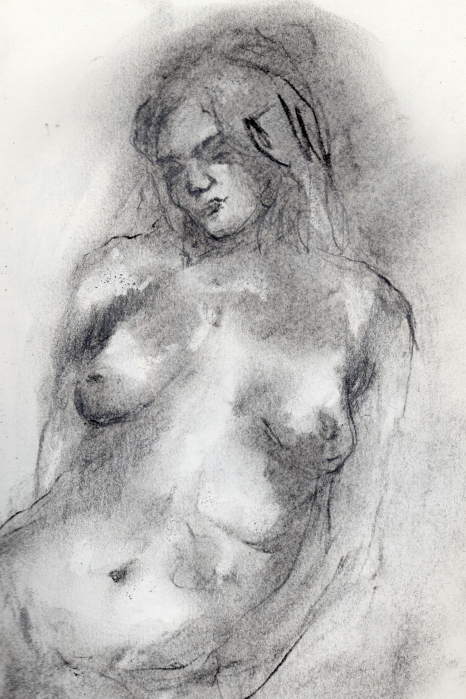 A pencil sketch of a nude woman with long hair, depicted in a relaxed pose, with shading emphasizing her features and body contours.