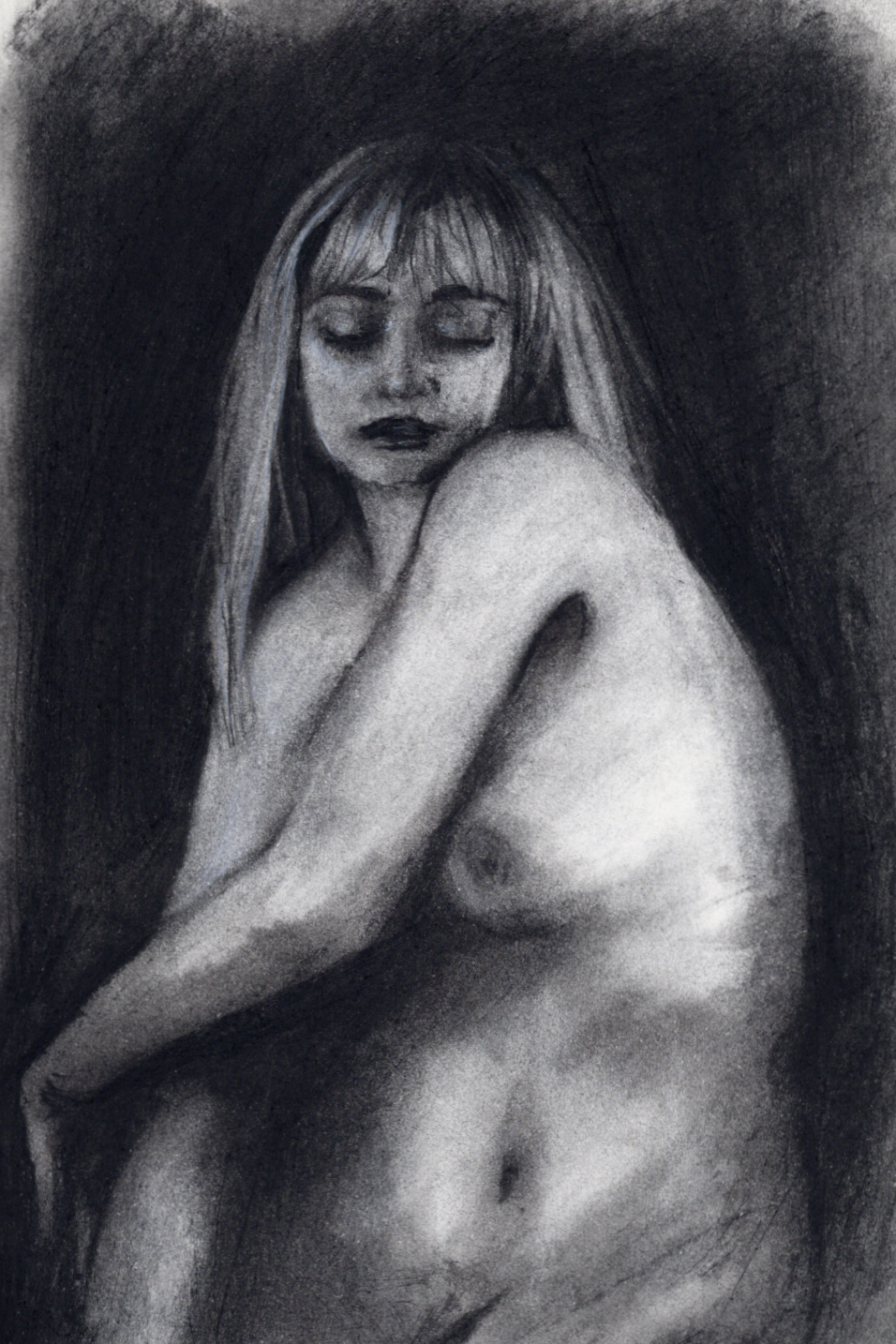 Black and white drawing of a nude woman with long hair, her eyes closed, with a dark background.
