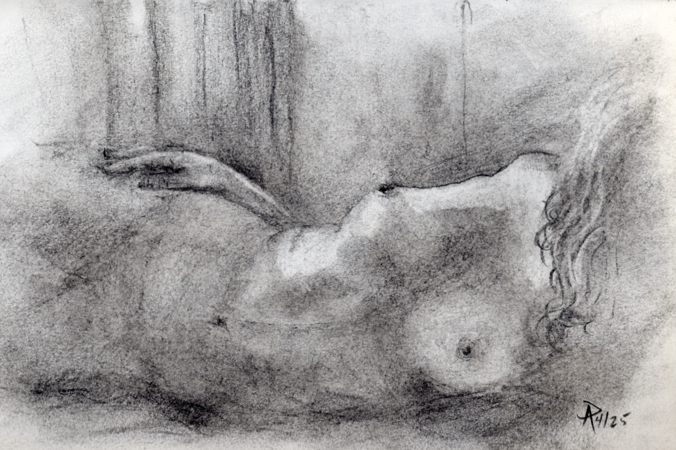 A pencil sketch of a nude woman lying on her side, with her back towards a wall, showing her back and side profile.