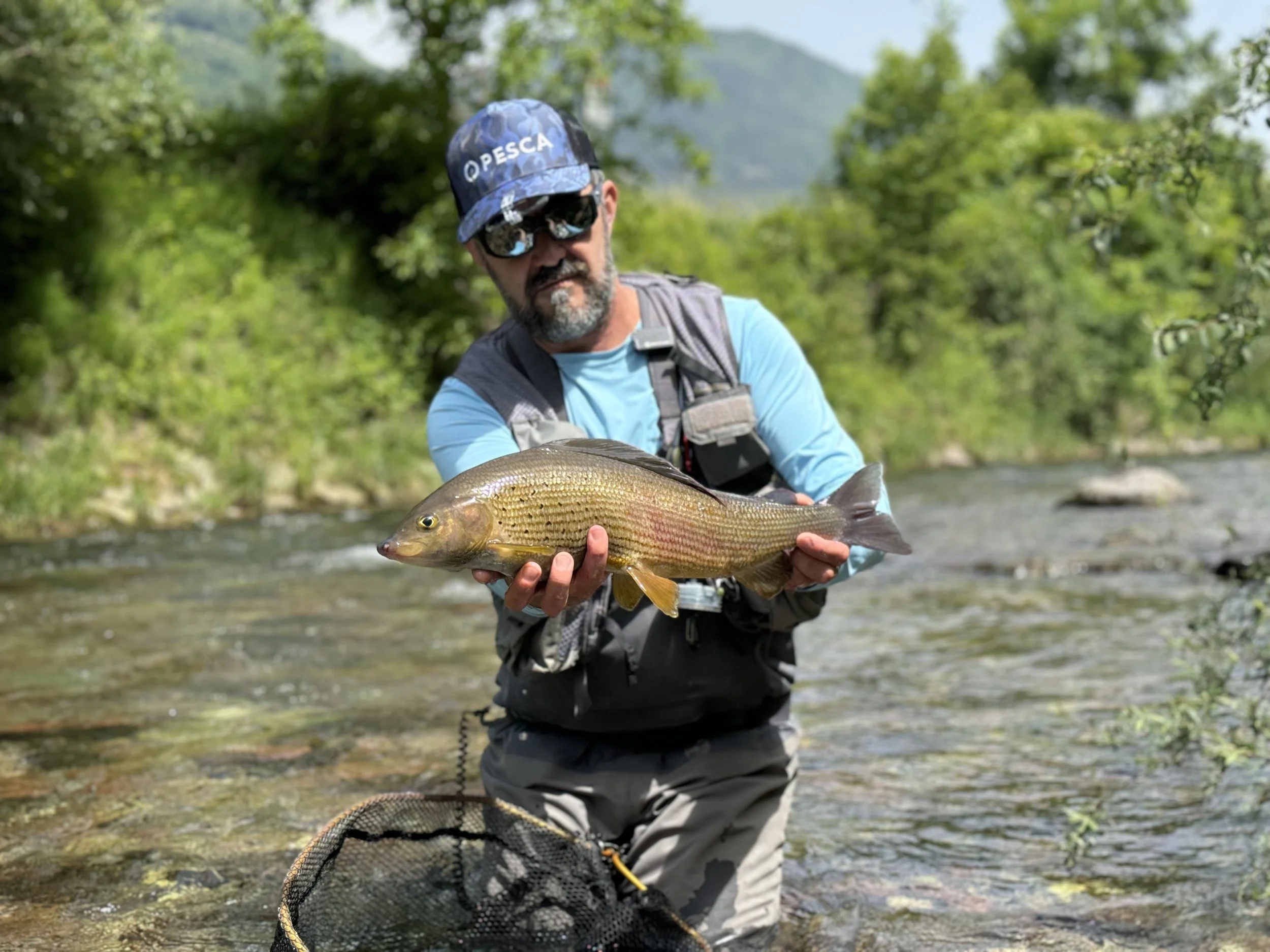 Man holding a fish in a river with green trees and mountains in the background.