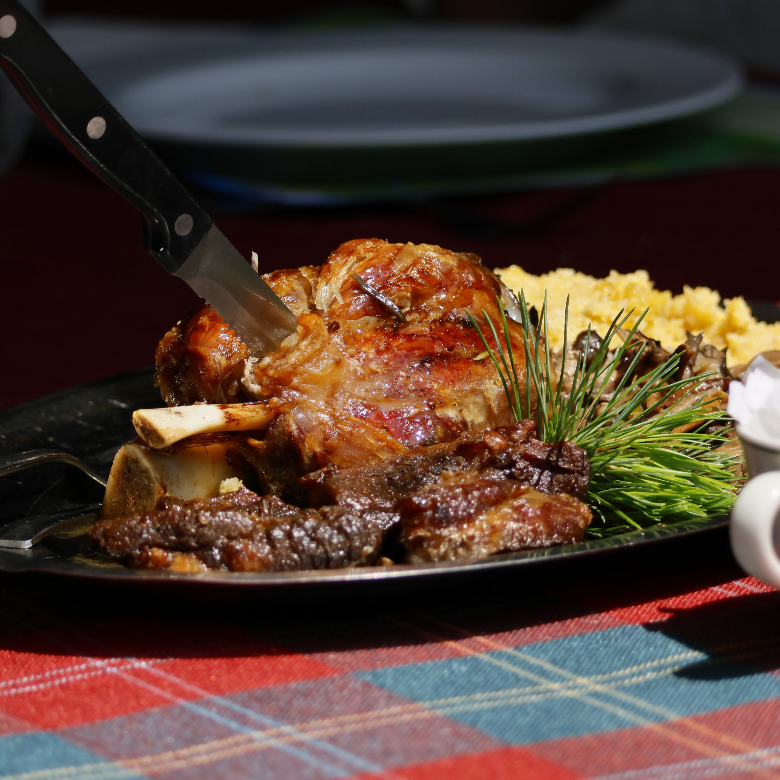 A plated meal featuring a large piece of cooked meat with bone, garnished with green herbs, and accompanied by mashed potatoes and other sides on a black plate.