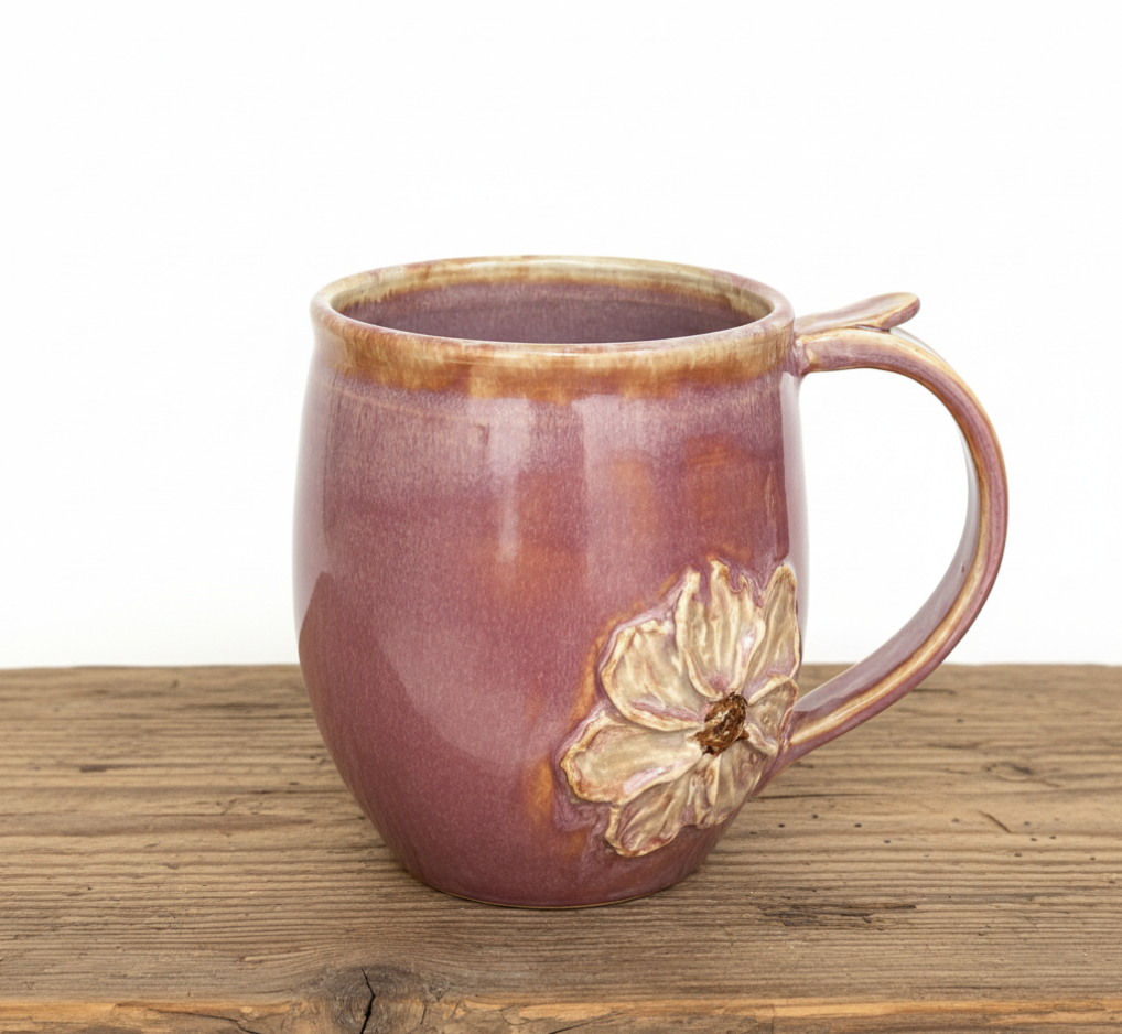 Handmade Ceramic Mug Artisan Pottery Piece Design Floral Decoration Drinking Coffee Vessel Mauve Color Belly Shaped Cup Nature Lover Gift