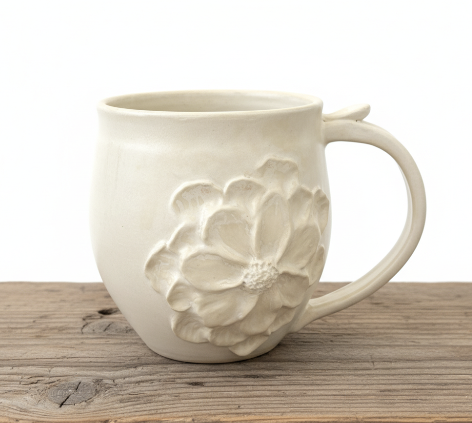 Handmade Flower Mug White Porcelain Cup Design Floral Ceramic Artisan Pottery Gift Idea Breakfast Table Coffee Cup Satin Finish Elegant