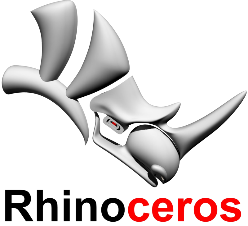 A 3D rendering of a Rhino horn with the word "Rhino" and "ceros" below it, with the "cero" part in red.