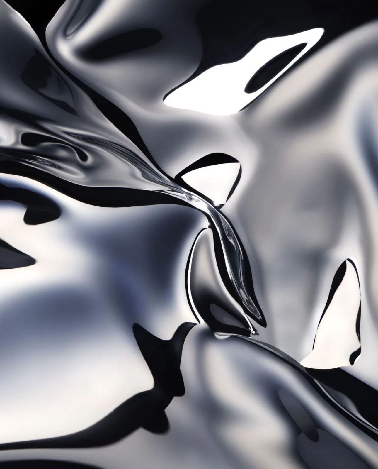 Abstract silver and black liquid-like flowing material with smooth, shiny surface and fluid shapes.