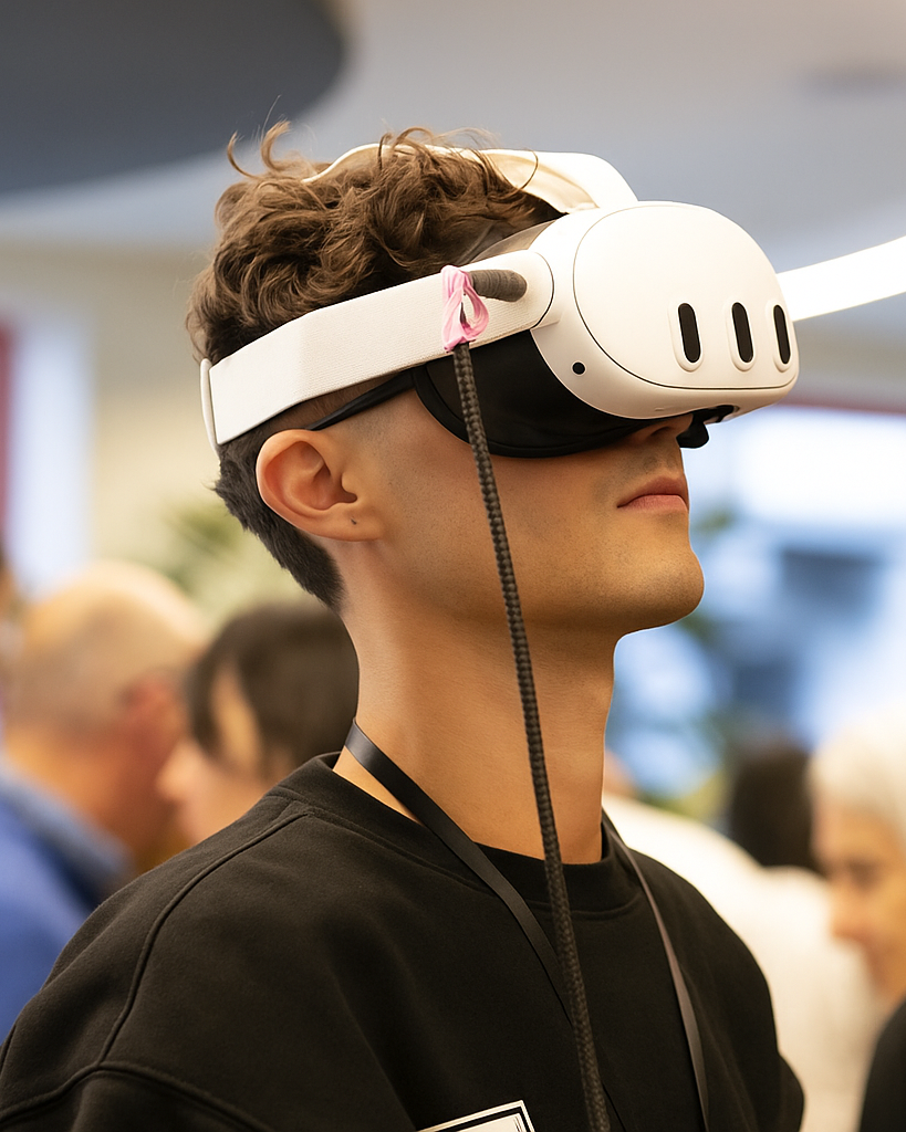 A young man wearing a VR headset in a crowded indoor setting.