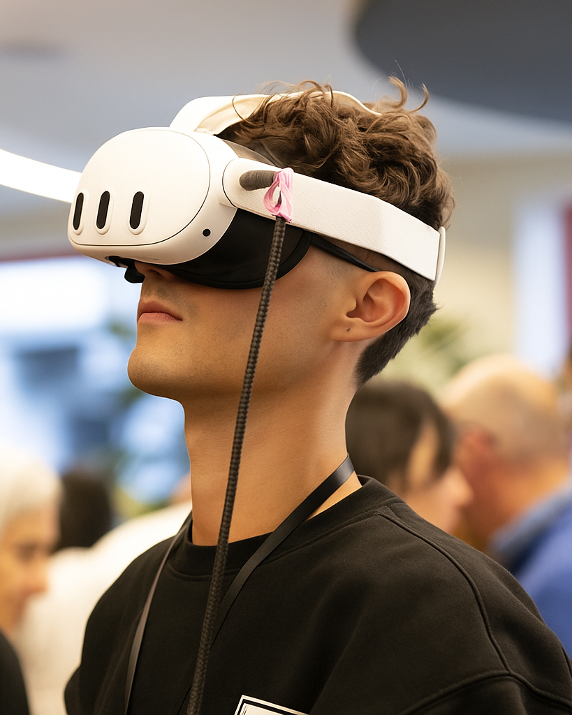 Person with curly hair wearing a virtual reality headset in a crowded indoor setting.