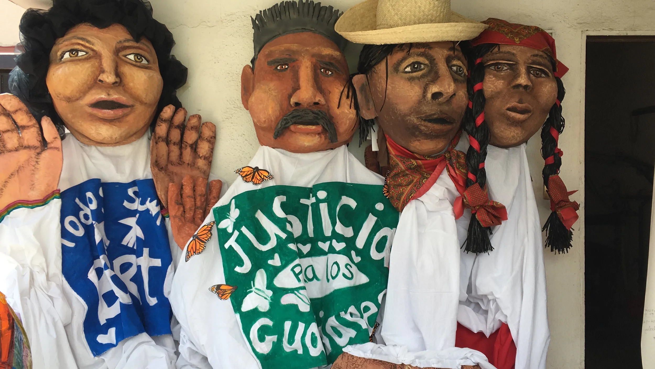 Land and Water Guardian puppets created in community art builds, lead a calenda at  'Milpa Mexico: Tradicion, Ciencia y Futuro', ( a colloqium in defense of traditional corn farming) 2020, Oaxaca MX.