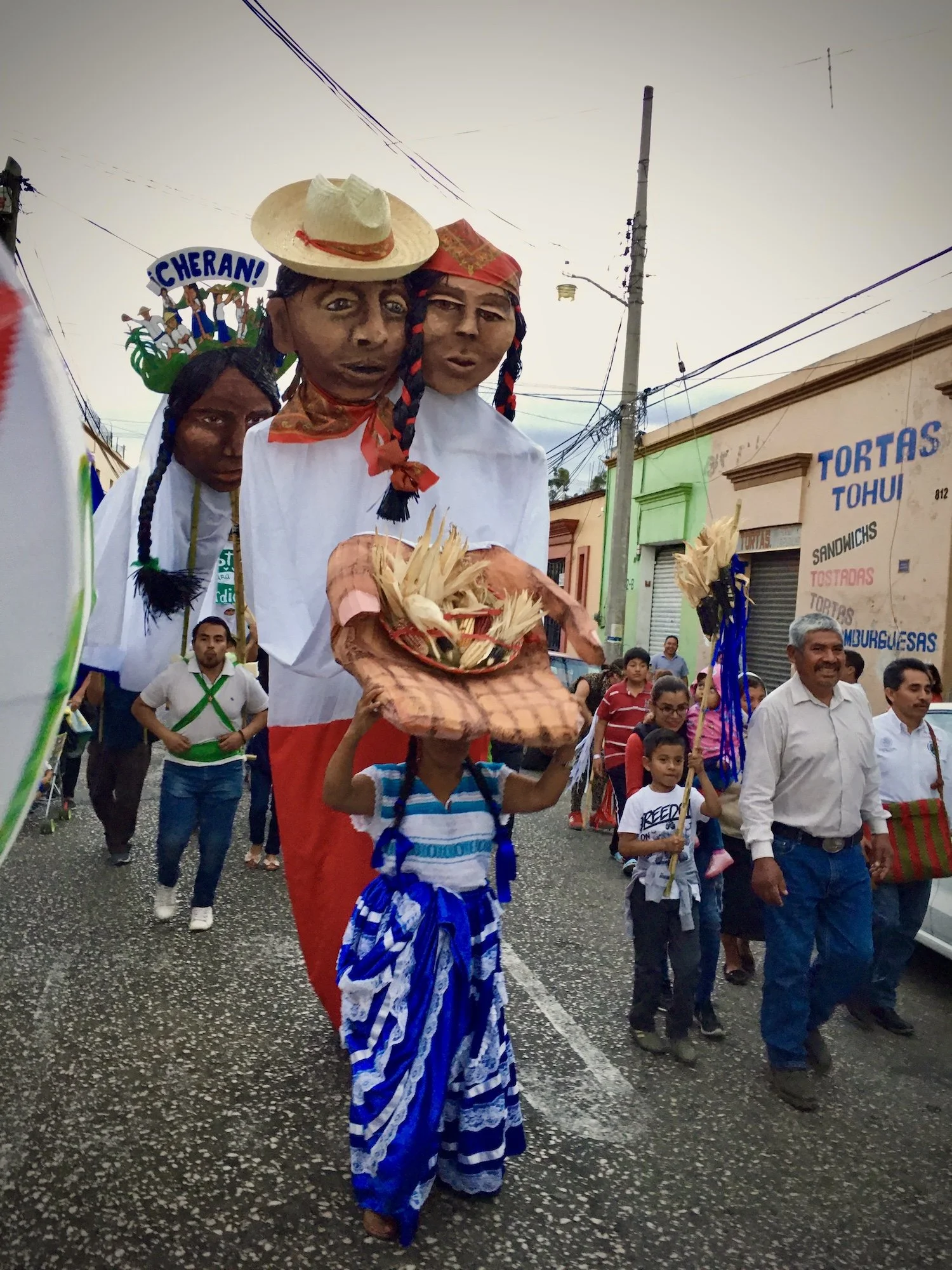 Land and Water Guardian puppets created in community art builds, lead a calenda at  'Milpa Mexico: Tradicion, Ciencia y Futuro', ( a colloqium in defense of traditional corn farming) 2020, Oaxaca MX.