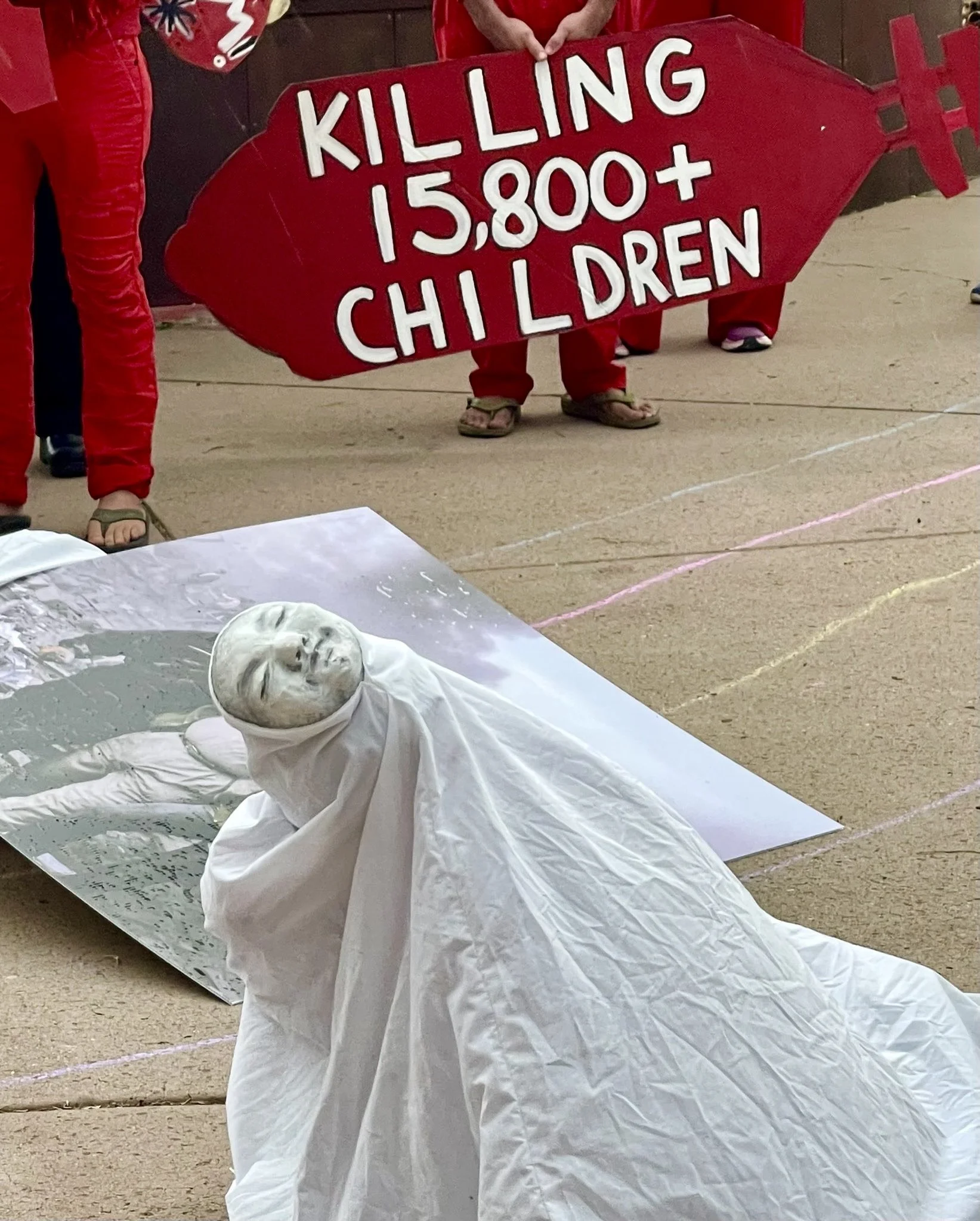 People's Tribunal Street Theatre created and performed by community on Netanyahu's first visit to congress while committing genocide in Palestine, 2024, Santa Fe Plaza.