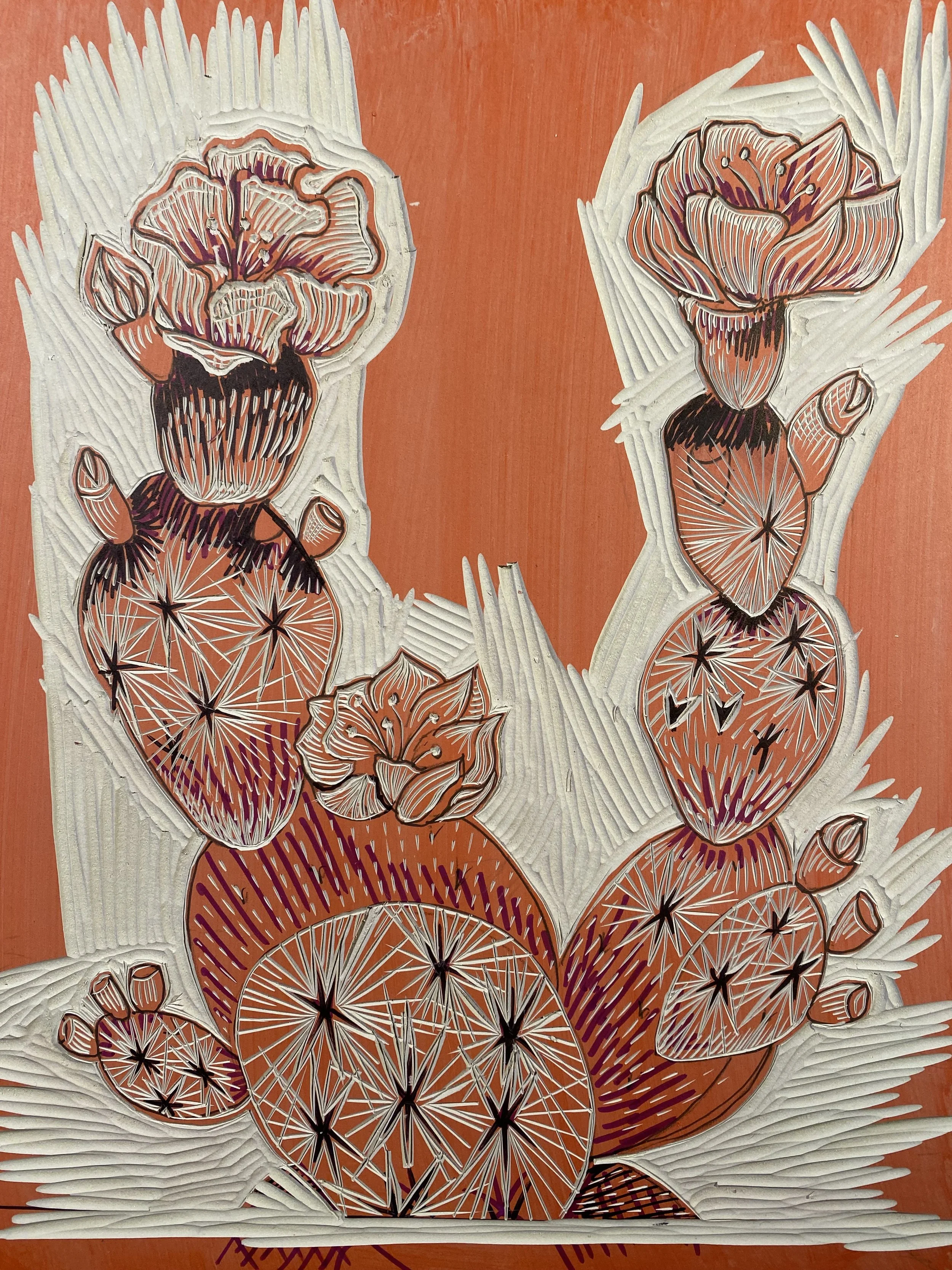 linocut print of a prickly pear cactus in process