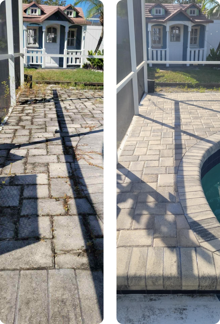 Before and after pool deck paver sealing in Tampa Bay FL — Xcel paver restoration removes stains and reseals pavers