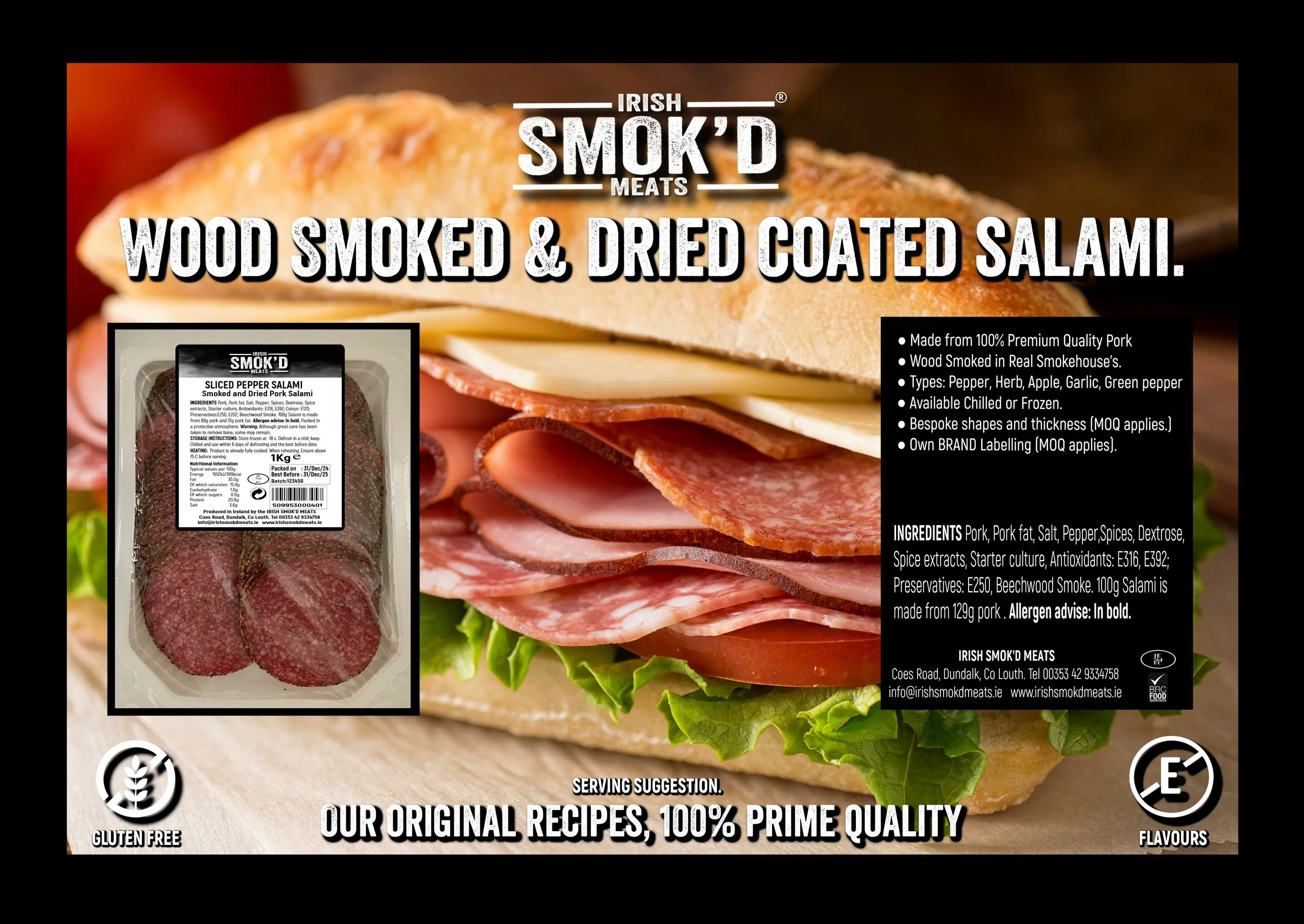 Package of Irish smoked and dried coated salami with images of a sandwich featuring it, and icons indicating gluten-free and flavor options.