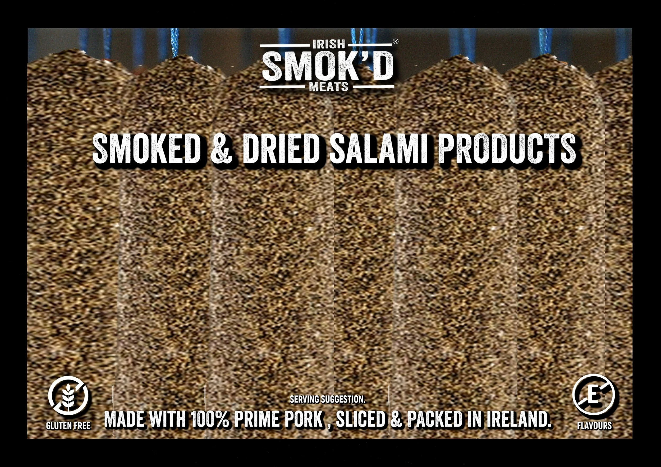 Packaged smoked and dried salami products labeled as Irish Smoked Meats, made with 100% prime pork, sliced and packed in Ireland, with gluten-free and flavor icons.