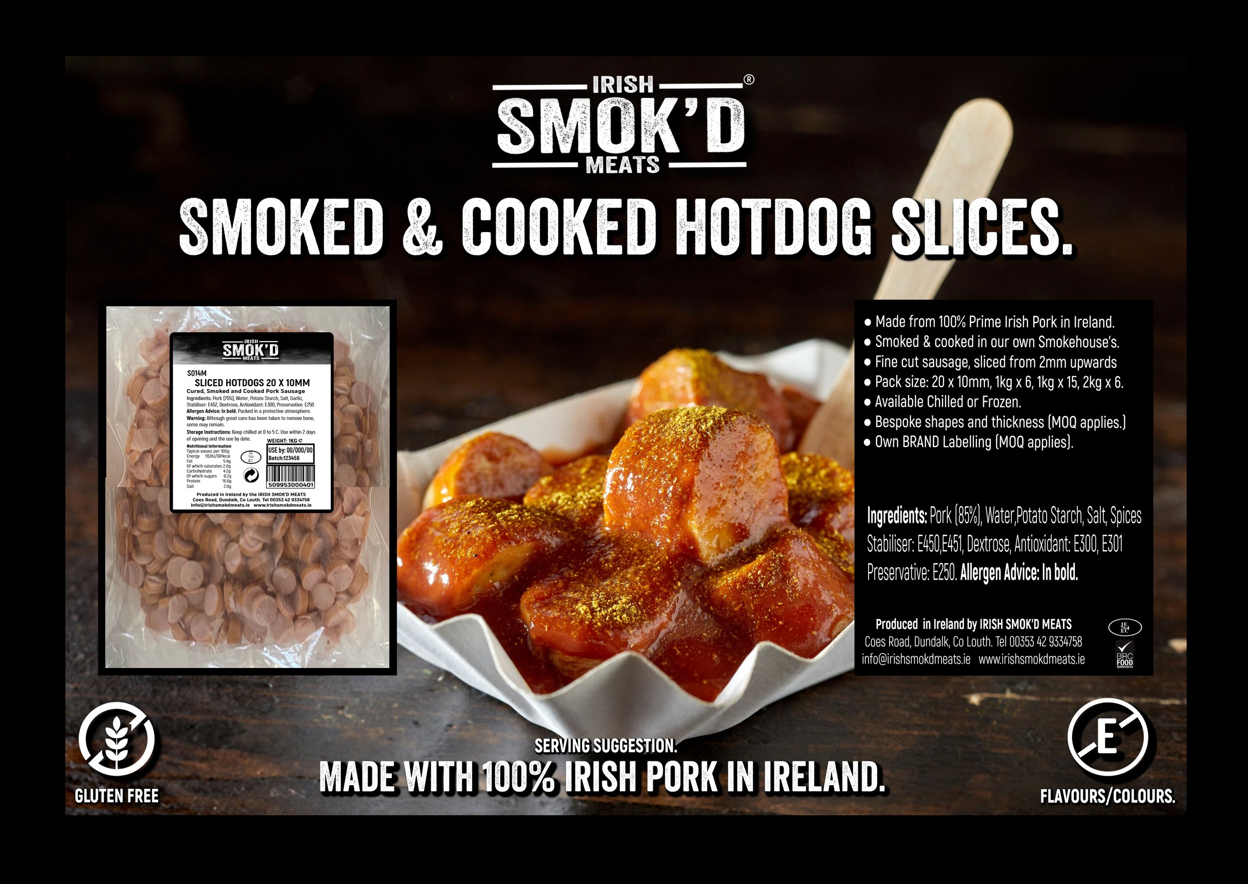 Package of sliced hotdog sausages next to a bowl of cooked hotdog slices covered in sauce and yellow seasoning, with product details, ingredients, and labels indicating gluten free and flavor or colorings.