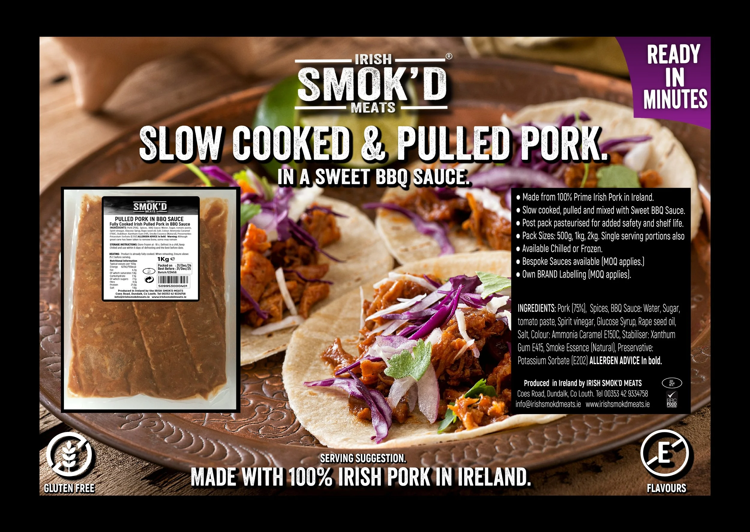 Packaging of Irish smoked pulled pork in BBQ sauce, featuring cooked pork in small taco shells garnished with purple cabbage and greens, on a decorative brown plate.