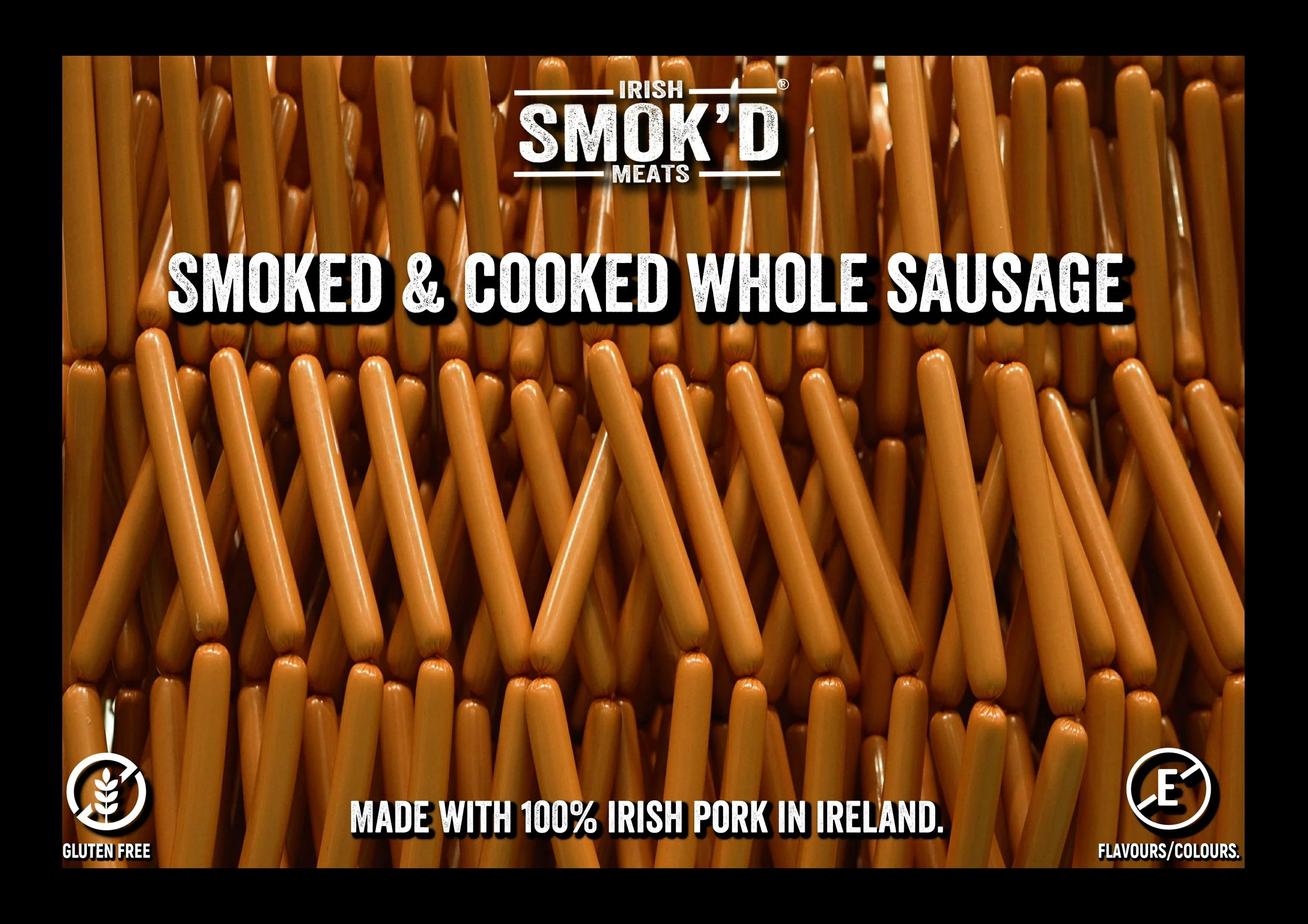 Close-up of smoked and cooked whole sausages from Irish Smoked Meats brand, with banner text indicating gluten-free and Irish pork ingredients.