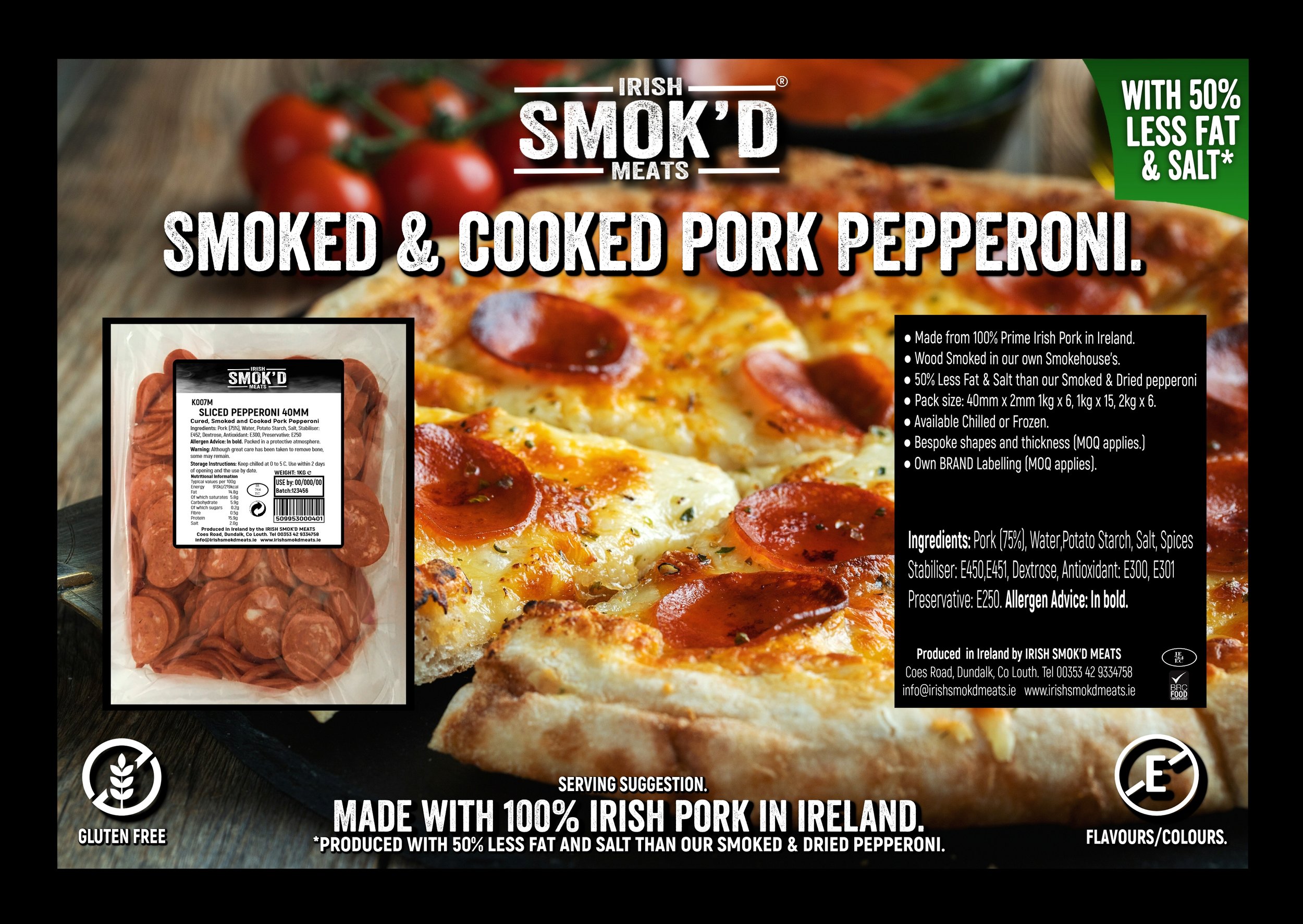 Packaging and promotional image for Irish Smoked & Cooked Pork Pepperoni, showing slices of pepperoni and a pizza topped with pepperoni, with product details and labels indicating gluten-free, reduced fat, and salt content.
