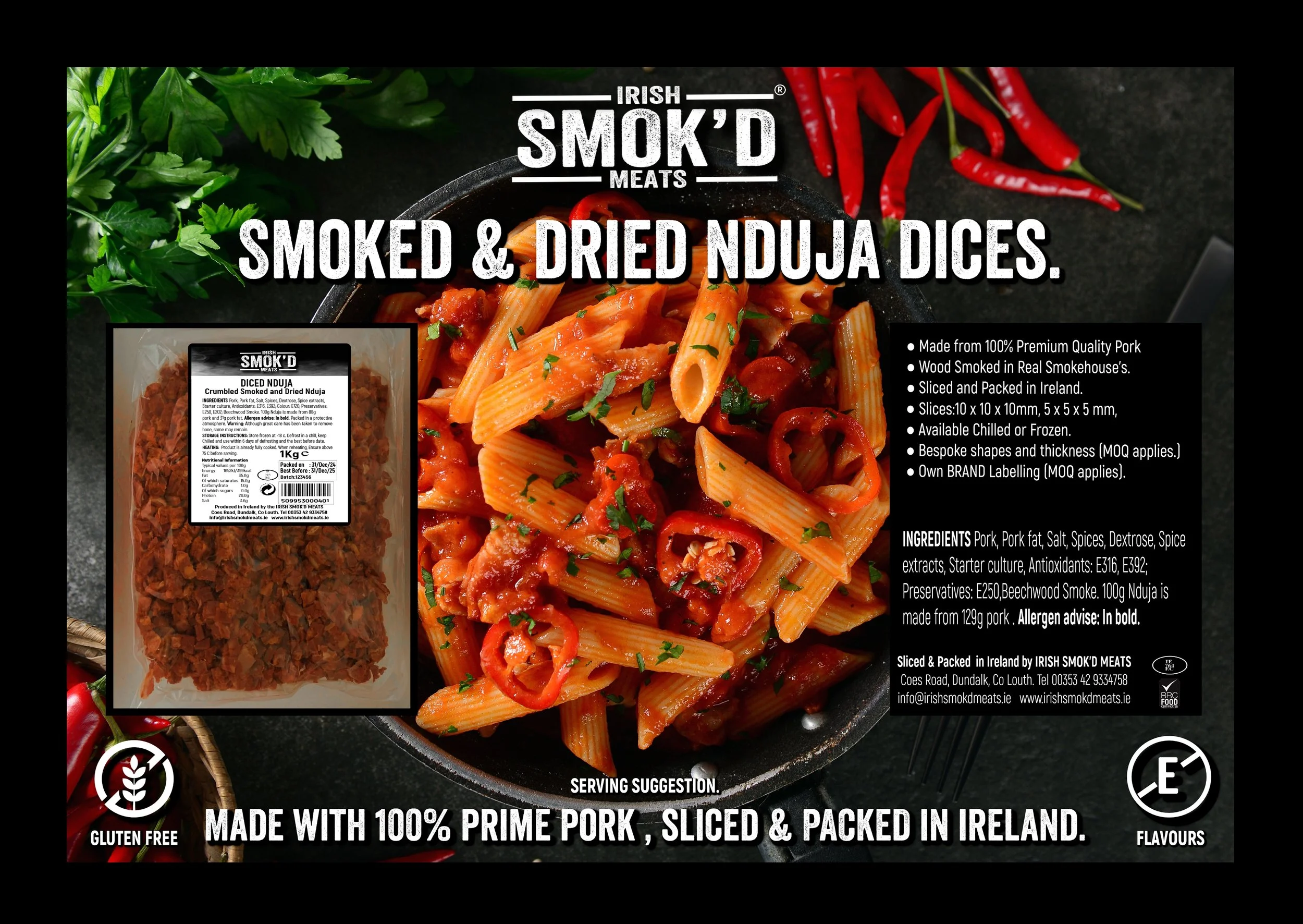 Packet of smoked and dried Nduja dices next to a plate of pasta with red sauce and herbs, garnished with chopped parsley. Background includes red chili peppers and green herbs, with product details and labels.