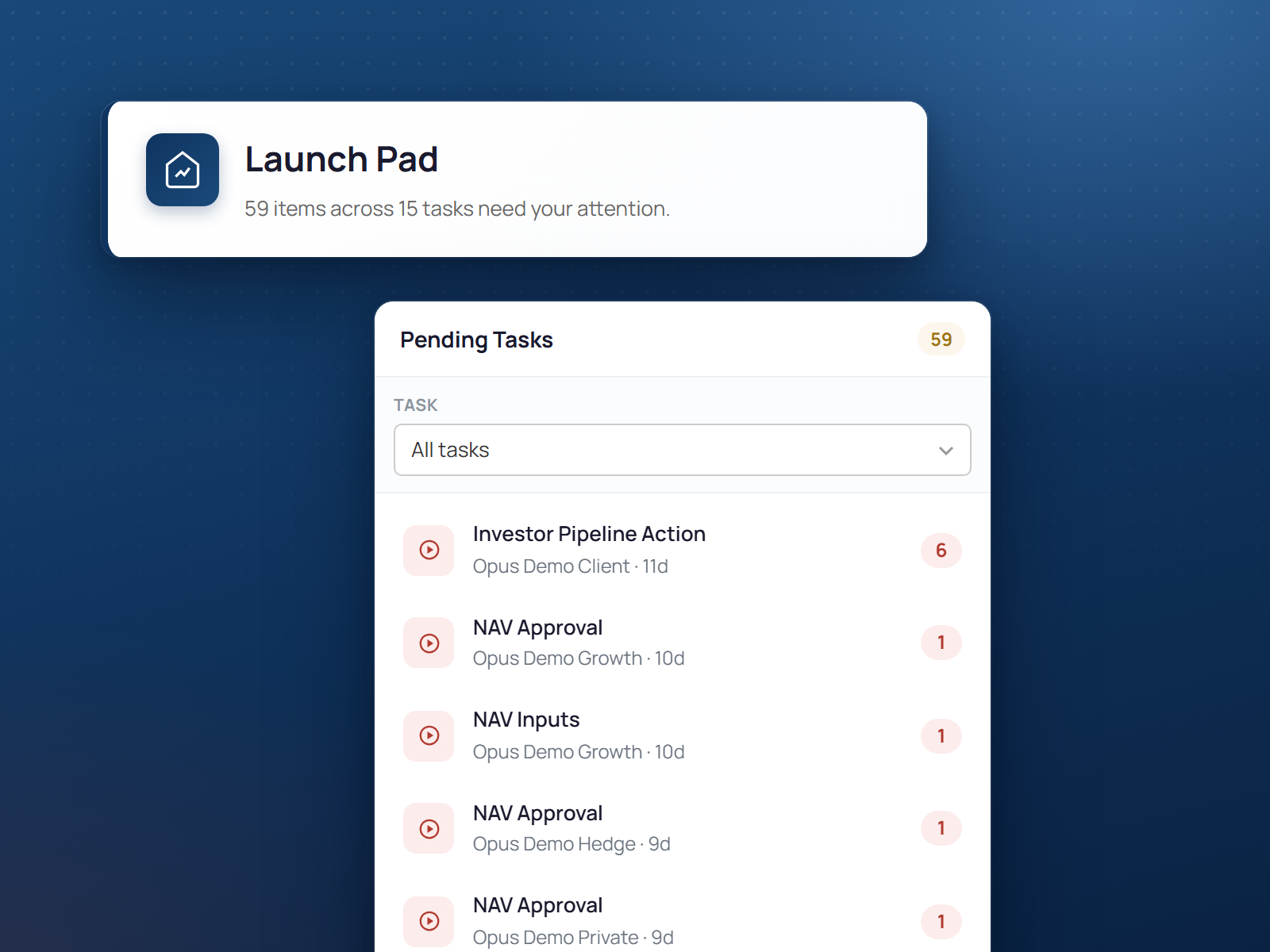 The Client Portal Launch Pad listing the tasks waiting on the manager, such as NAV approvals