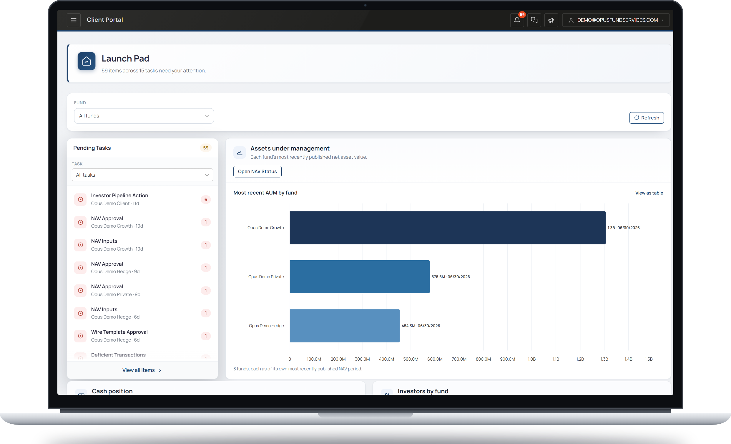 The Opus Client Portal Launch Pad on a laptop, showing pending tasks and assets under management by fund