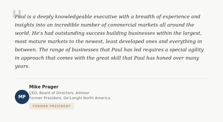Endorsements from De'Longhi Group executives, Harvard Business School peers, and industry partners on two decades of global commercial leadership.