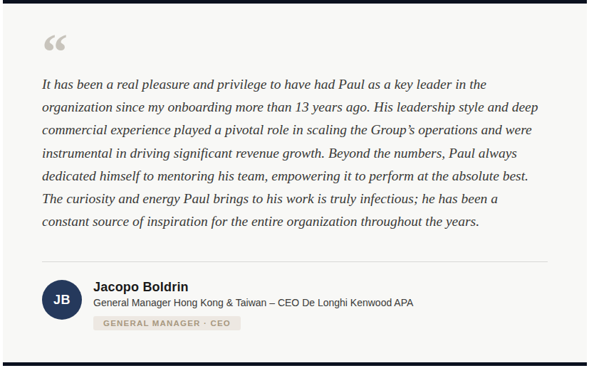 A quote about Paul F. Accornero, praising his leadership and mentorship, followed by a signature block with the name Jacopo Boldrin, titled General Manager Hong Kong & Taiwan, CEO De Longhi Kenwood APA.