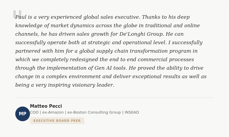 Endorsements from De'Longhi Group executives, Harvard Business School peers, and industry partners on two decades of global commercial leadership.