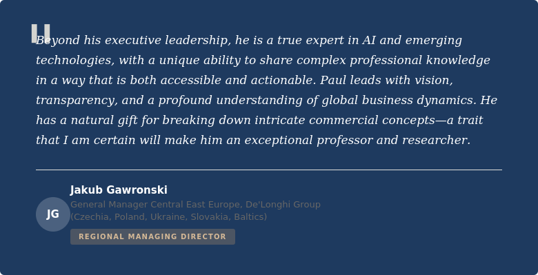 Endorsements from De'Longhi Group executives, Harvard Business School peers, and industry partners on two decades of global commercial leadership.