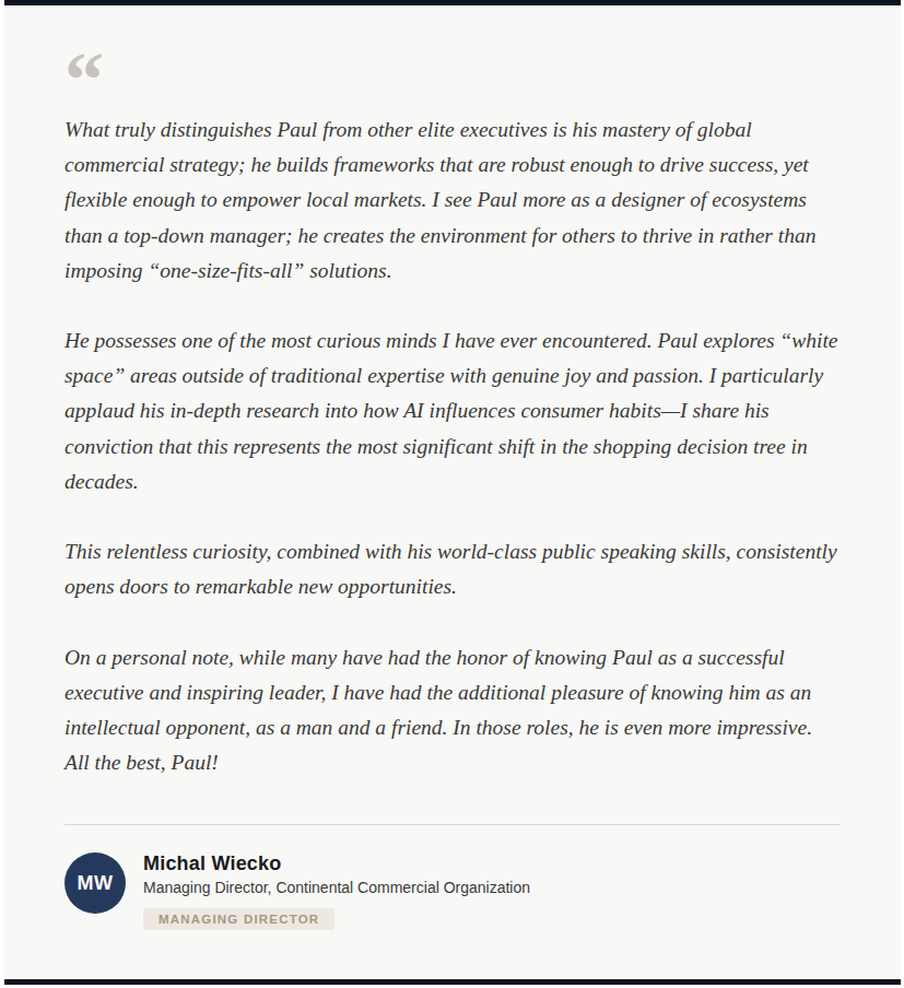 A quote praising Paul F. Accornero - The Architect of Agentic Commerce by Michal Wieko