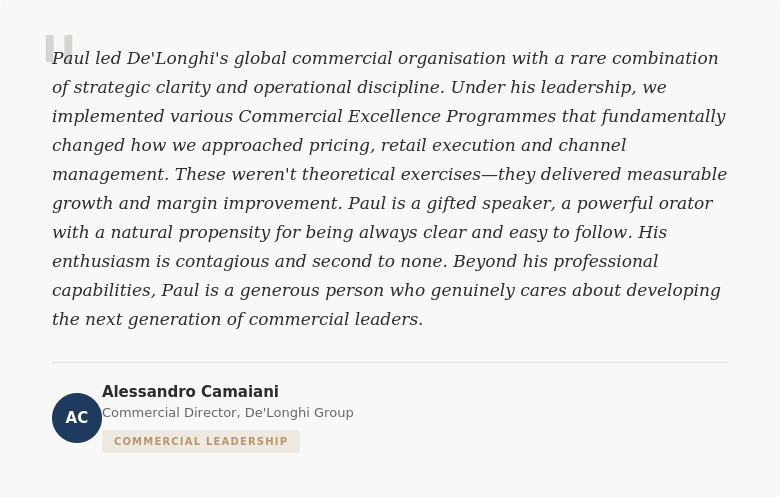 Endorsements from De'Longhi Group executives, Harvard Business School peers, and industry partners on two decades of global commercial leadership.