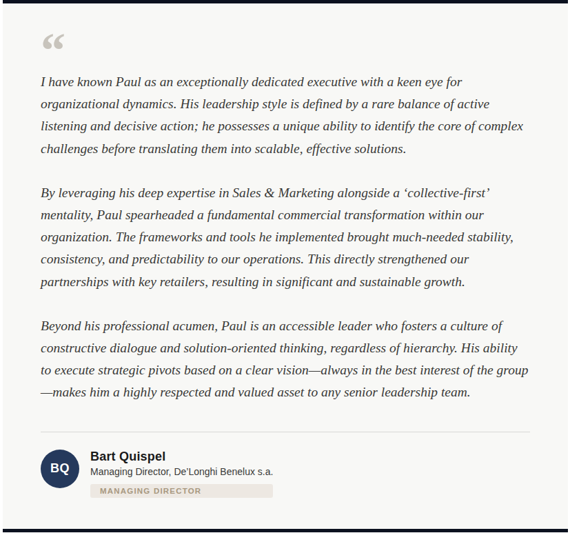 A professional letter of recommendation for Paul F. Accornero, describing his leadership skills, expertise in sales and marketing, and qualities as a leader, signed by Bart Quispel, Managing Director at De'Longhi Benelux.
