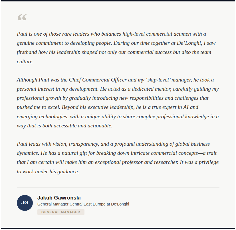 A testimonial praising Paul F. Accornero - The Architect of Agentic Commerce by Jakub Gawronski