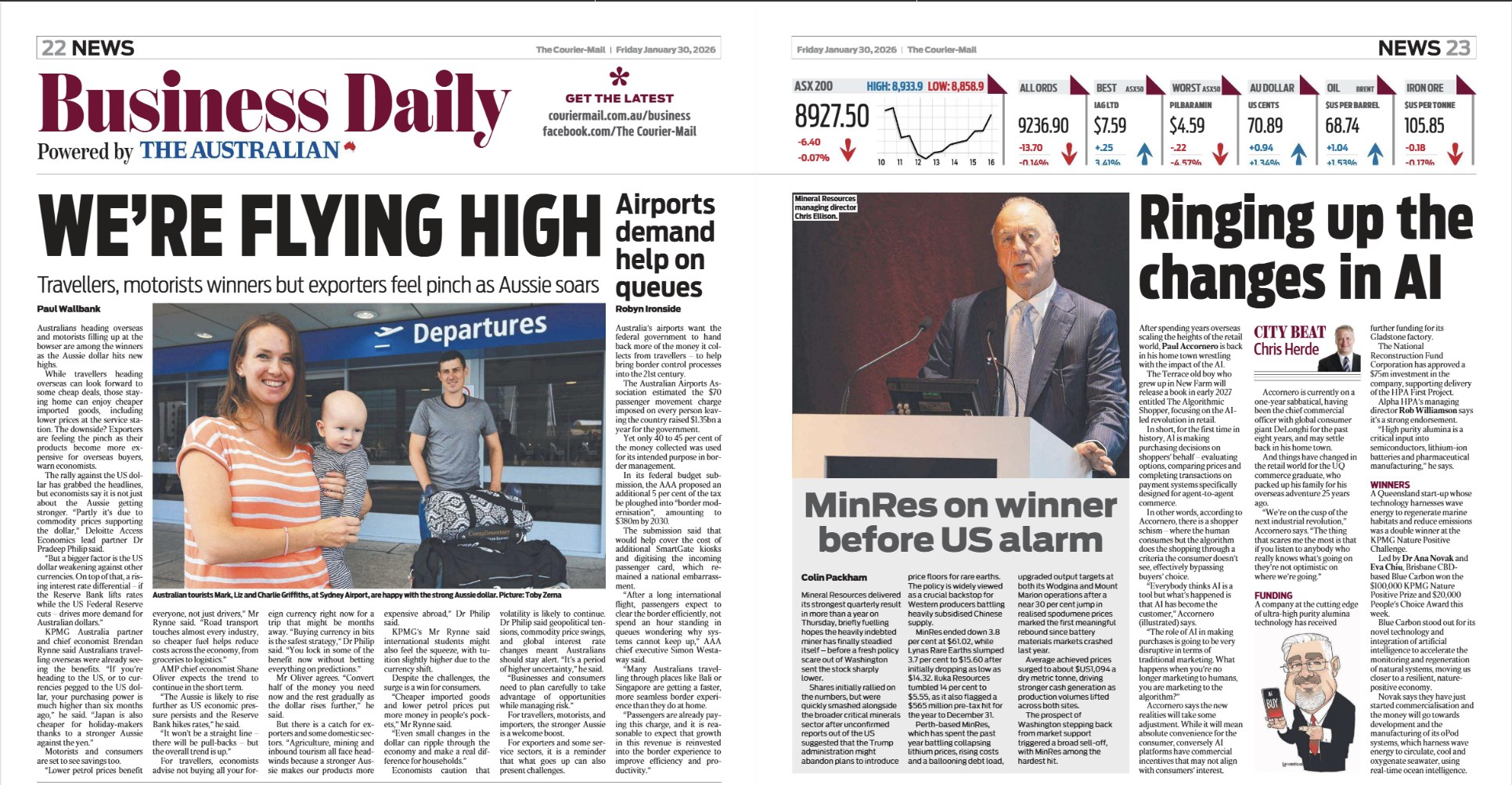 A newspaper spread from The Courier-Mail's business section, dated Friday, January 30, 2026. It features Paul F. Accornero, the architect of Agentic Commerce.