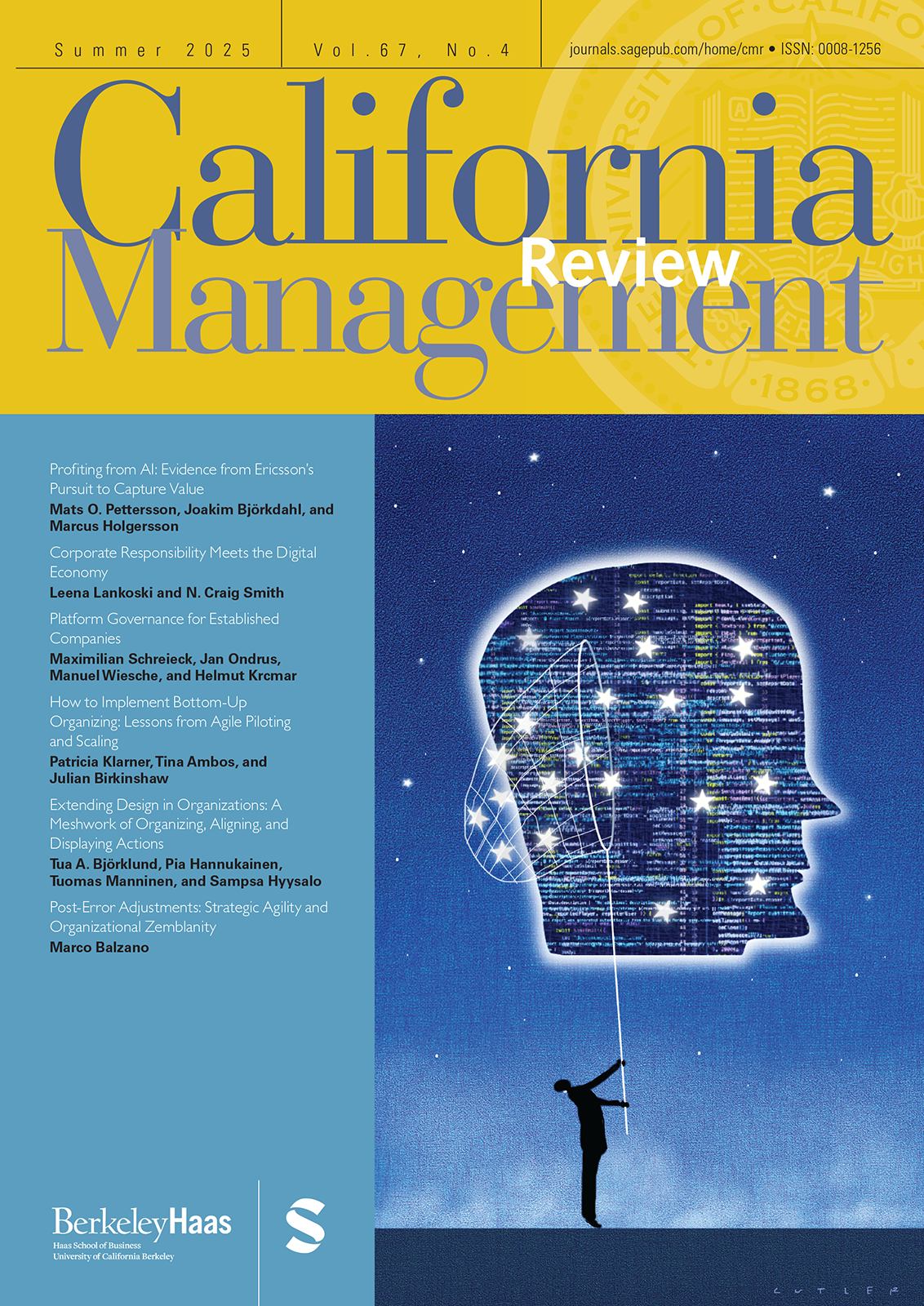 Cover of the California Management Review Summer 2025 issue featuring an illustration of a human head filled with digital data, with stars around it, and a silhouette of a person holding a string attached to the head, symbolizing connection or influence.