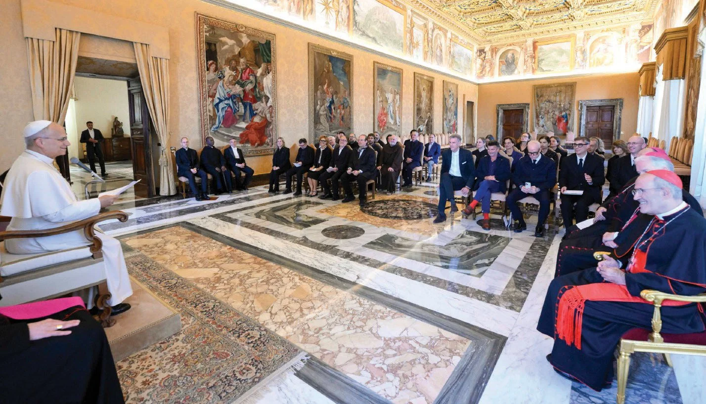 Pope Leo XIV addressing artists, curators and architects in the Sala del Concistoro of the Apostolic Palace during the audience