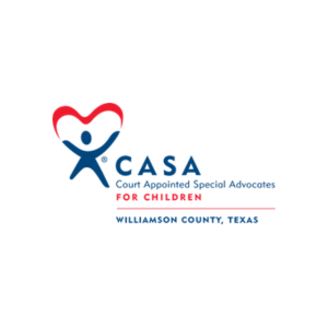 Logo for CASA Williamson County Texas with a heart shape and a person inside, indicating support for children.