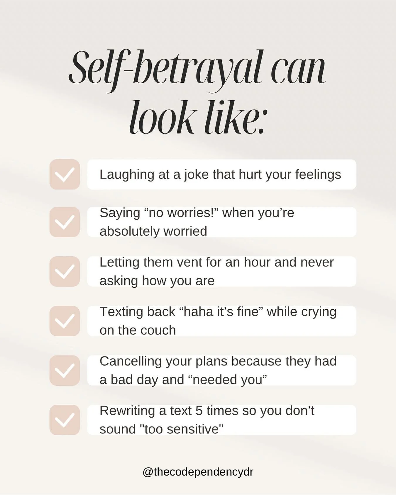 Self-betrayal isn&rsquo;t always loud.
It&rsquo;s not just ignoring red flags or staying in toxic relationships.
It&rsquo;s micro-abandoning yourself, over and over, to avoid discomfort:
&ndash; You swallow the truth to keep the vibe &ldquo;chill&rdq