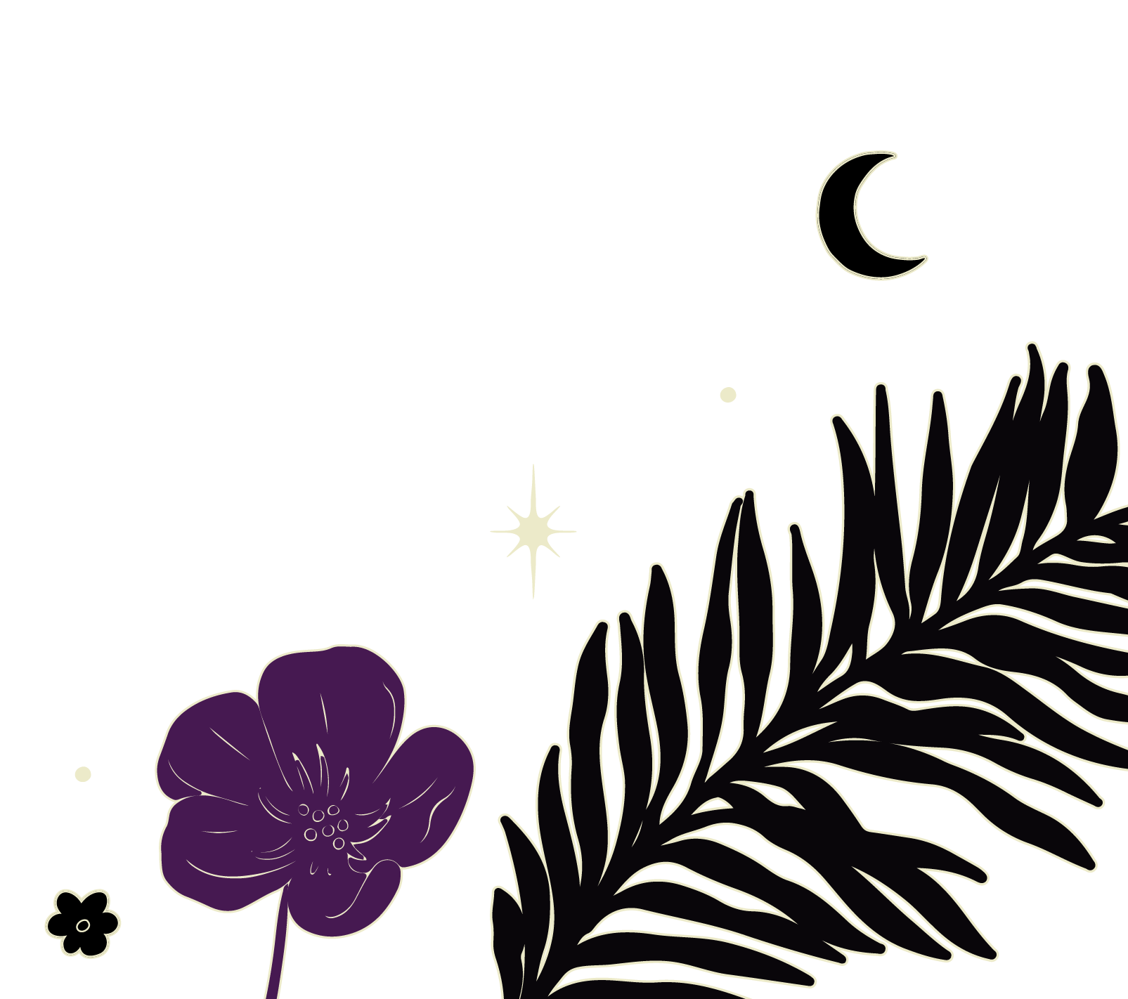 A black background with line drawings of a purple flower, a fern leaf, a crescent moon, stars, and small dots.