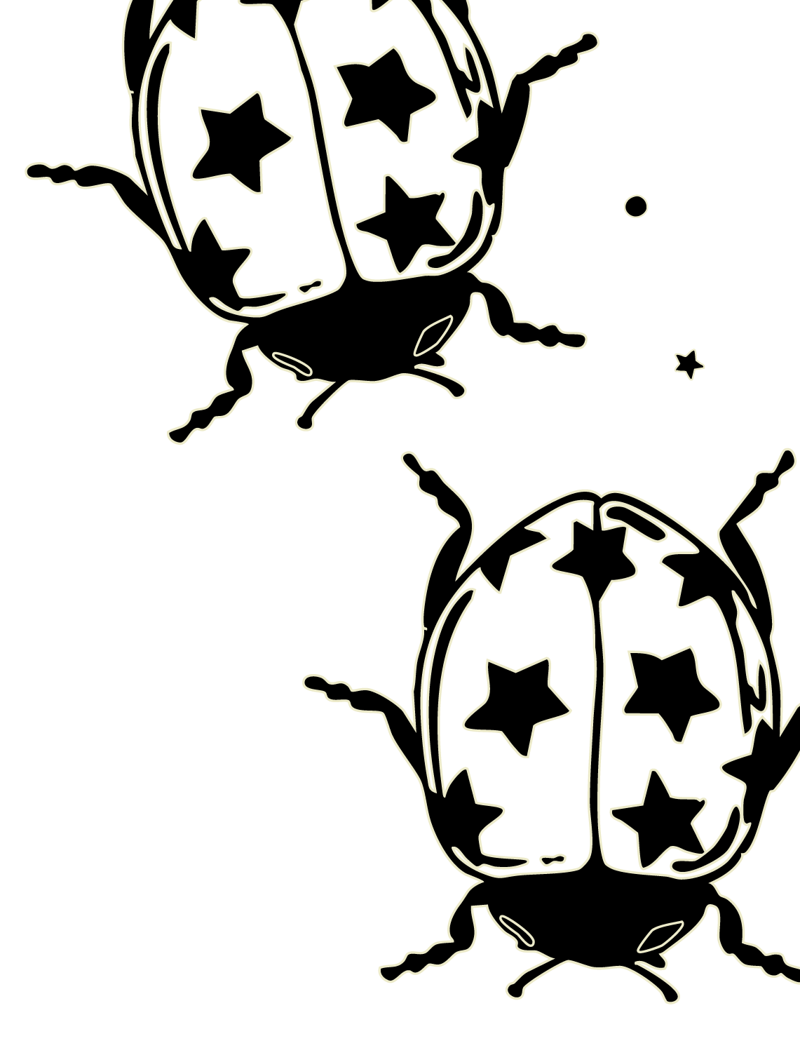 Outline drawing of two stylized ladybugs with star-shaped spots on their wings, set against a black background, with small stars around them.